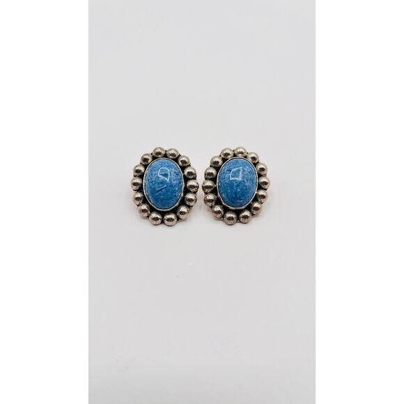 Taxco Mex Sterling Silver 925 Stud Post Blue Oval Cabochon Denim Lapis Earrings - Picture 1 of 6